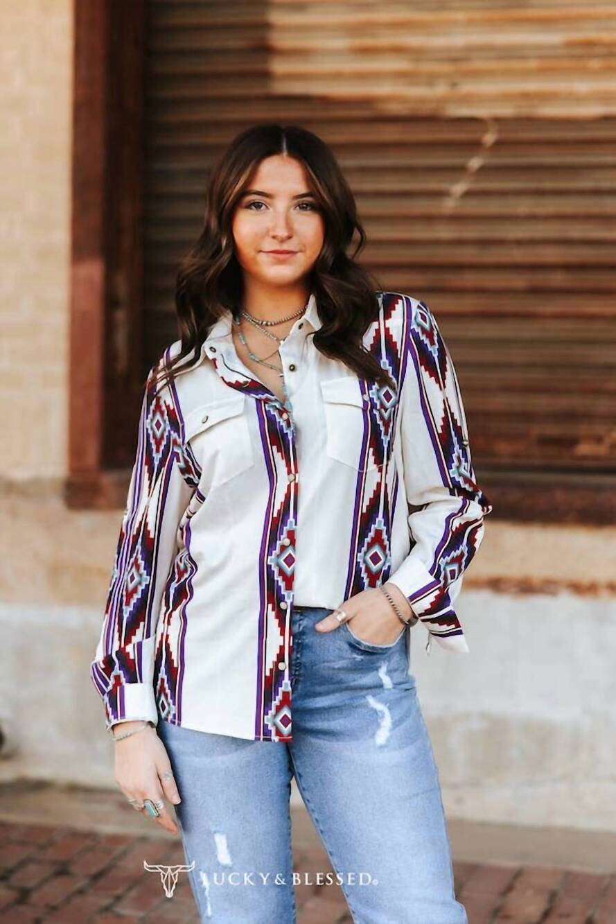 NEW LUCKY & BLESSED pearl snap buttons retro 90's western top in ivory aztec
